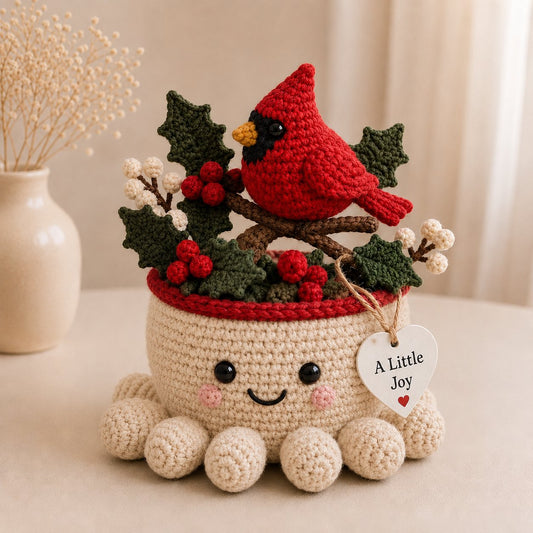 Artisanal Crochet Red Cardinal Ornament in Cream Pot – Whimsical Festive Home Decor