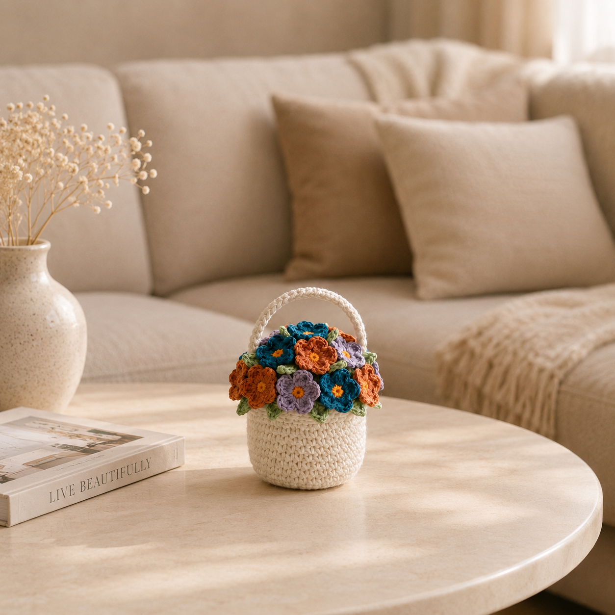Crochet Daisy Flower Basket – Handmade Floral Home Decor