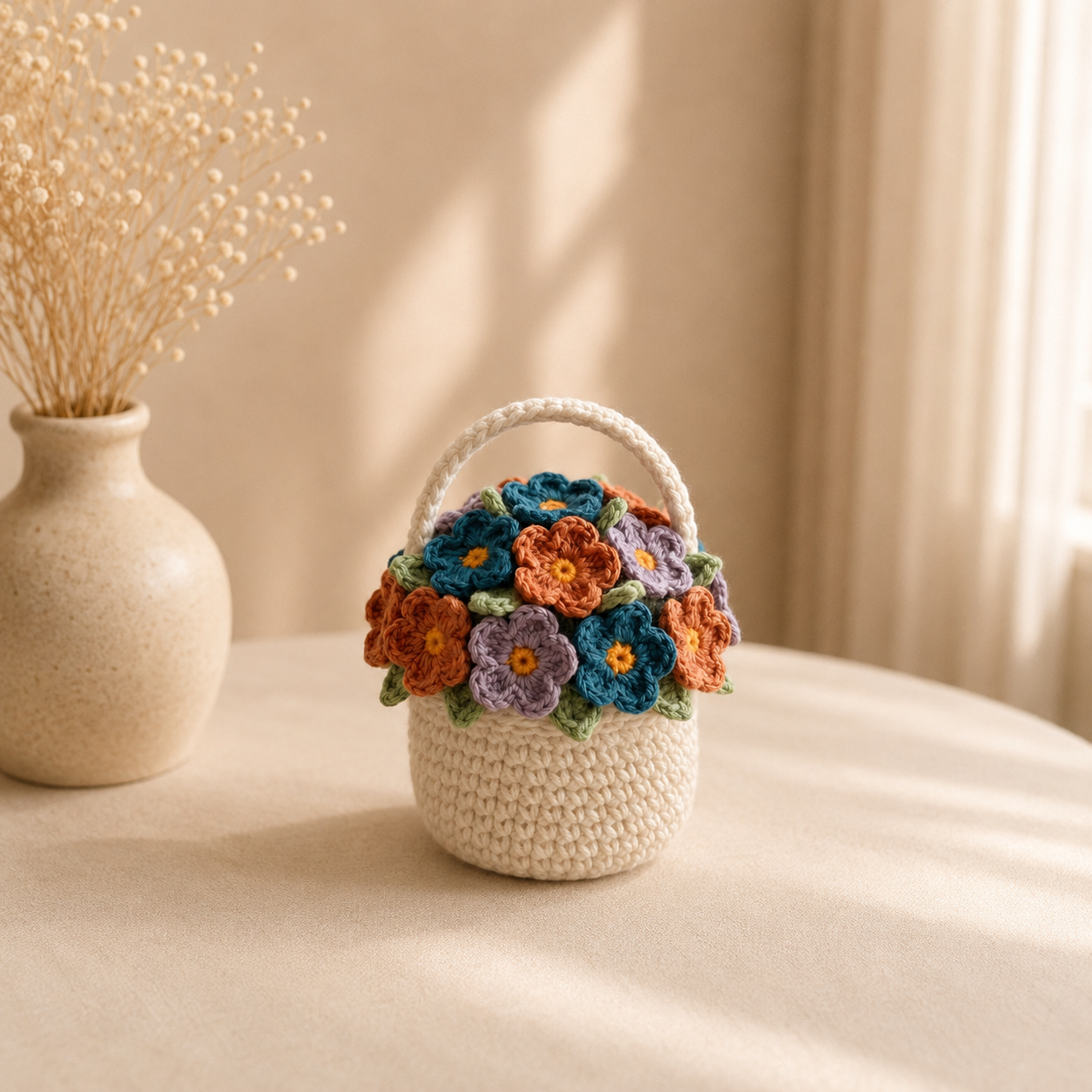 Crochet Daisy Flower Basket – Handmade Floral Home Decor