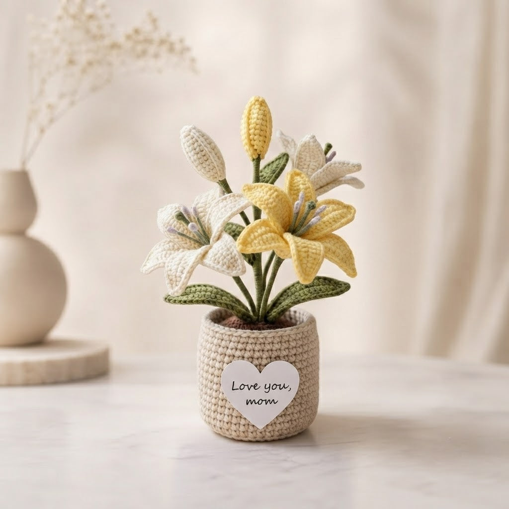 Crochet Mixed Lily Potted Plant – Handmade Floral Gift for Mom