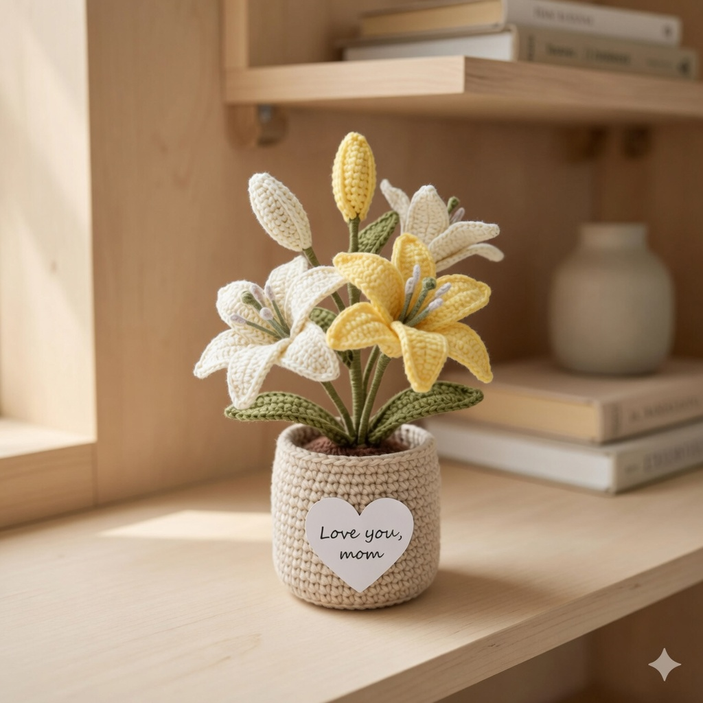 Crochet Mixed Lily Potted Plant – Handmade Floral Gift for Mom