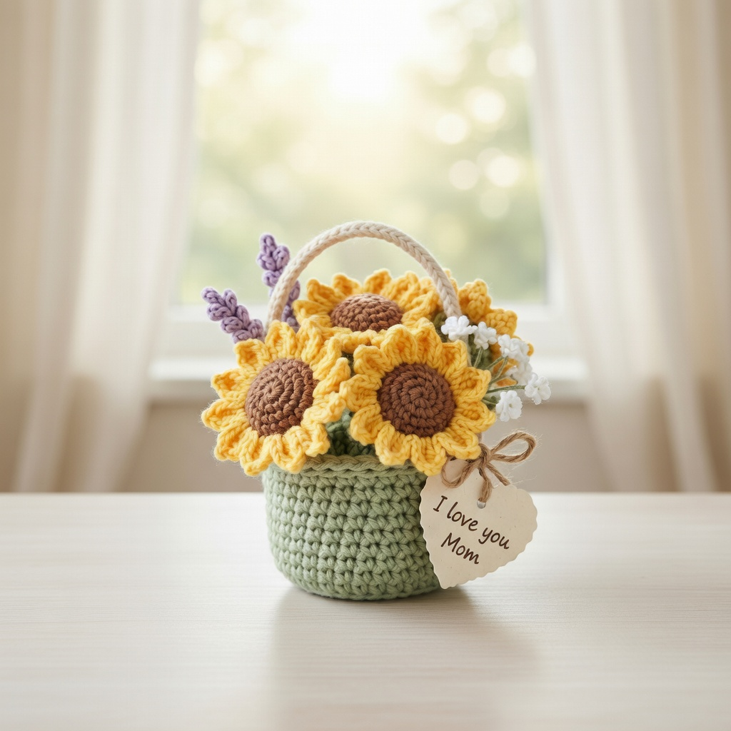 Crochet Sunflower Basket – Handmade Floral Gift for Mom