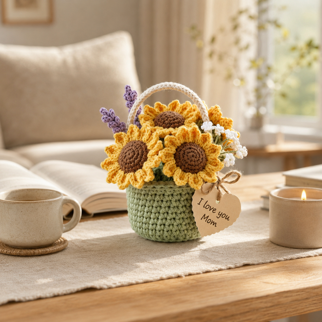 Crochet Sunflower Basket – Handmade Floral Gift for Mom