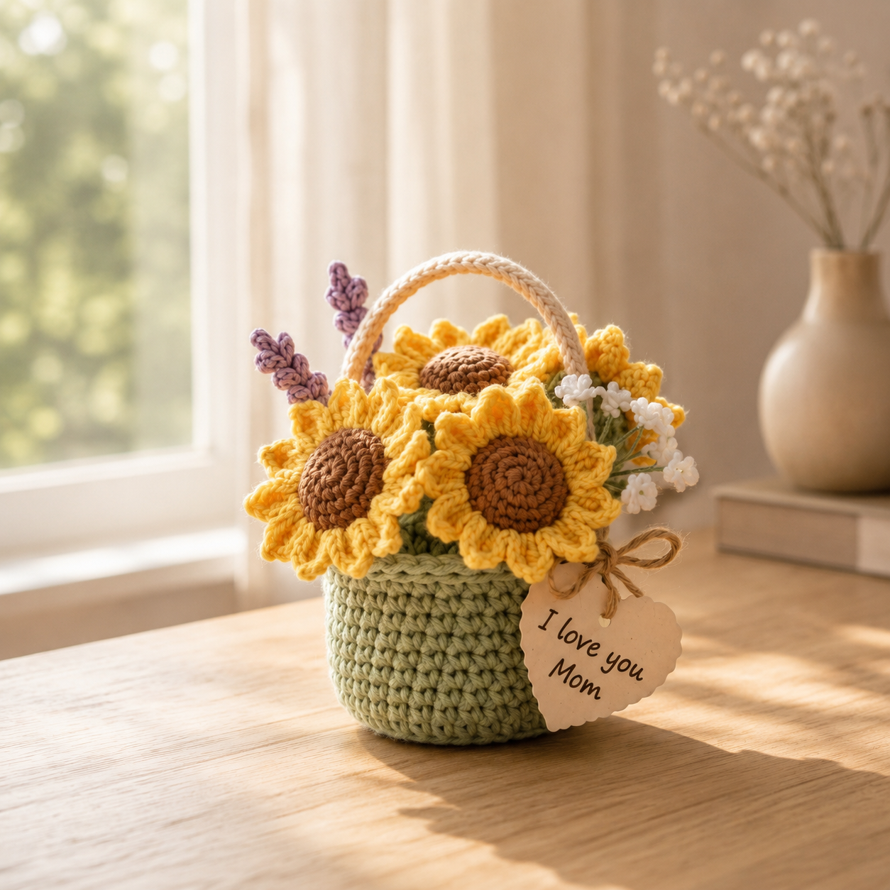 Crochet Sunflower Basket – Handmade Floral Gift for Mom