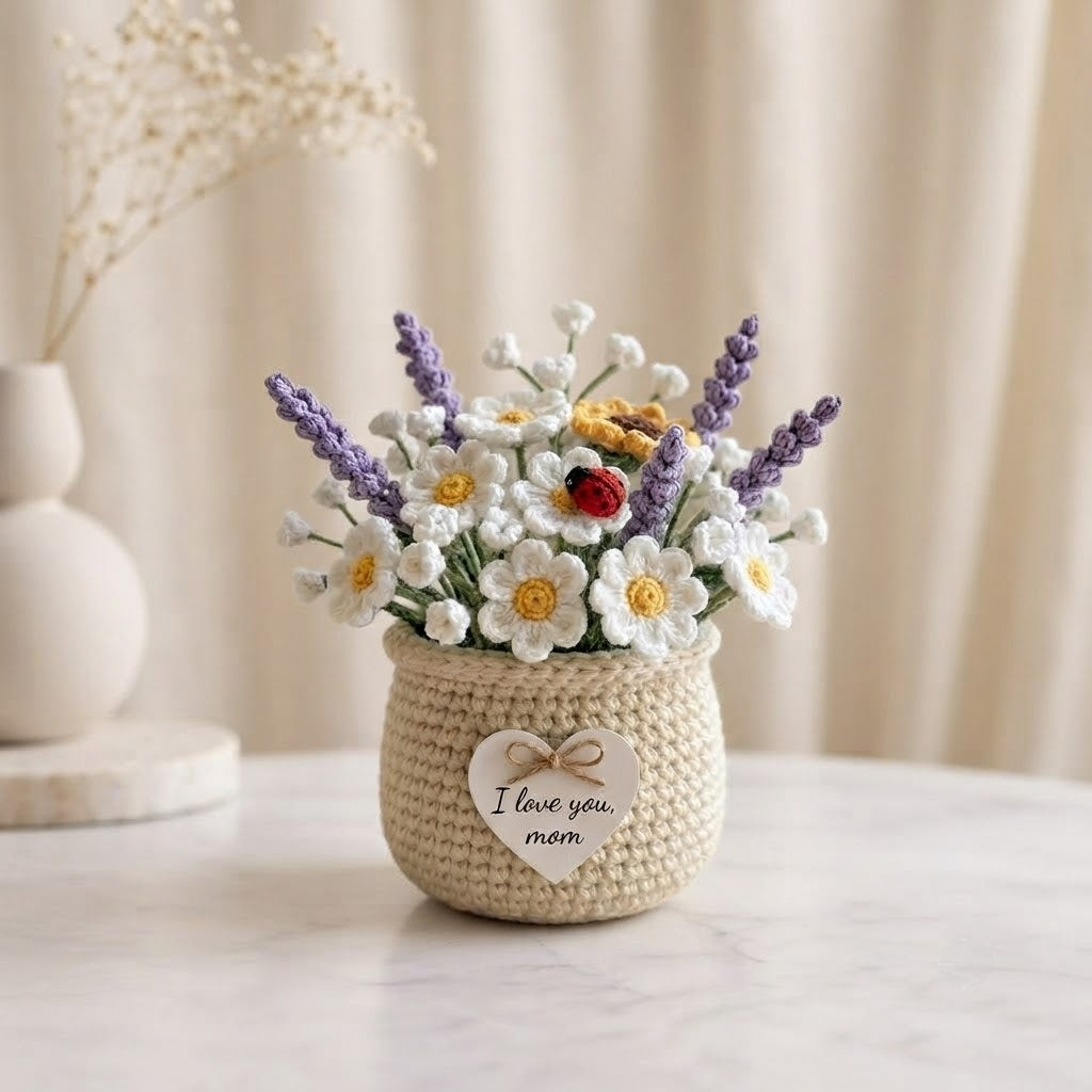 Crochet Daisy & Lavender Basket – Handmade Floral Home Decor
