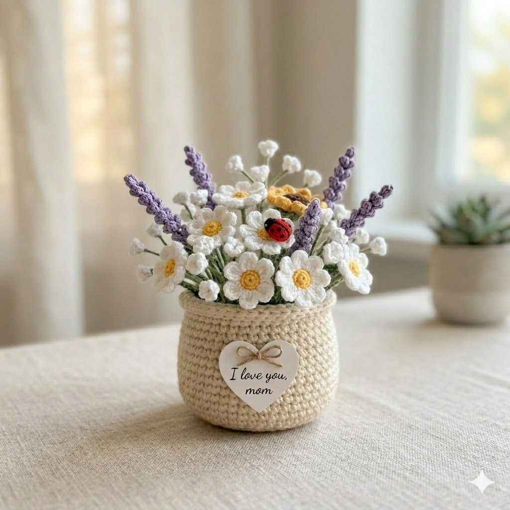 Crochet Daisy & Lavender Basket – Handmade Floral Home Decor