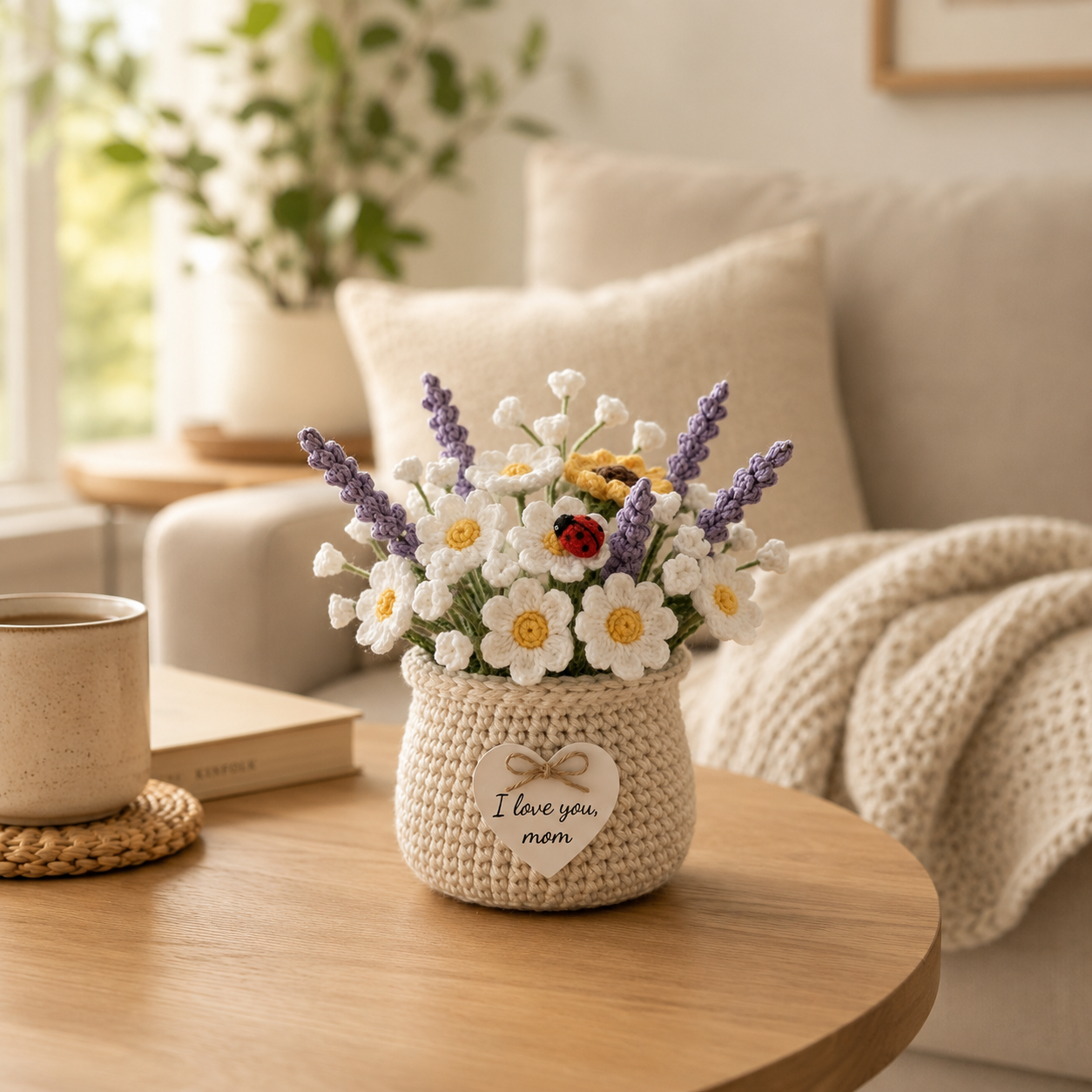 Crochet Daisy & Lavender Basket – Handmade Floral Home Decor