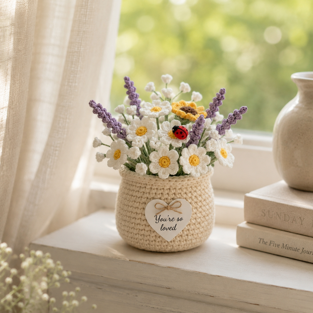 Crochet Daisy & Lavender Basket – Handmade Floral Home Decor