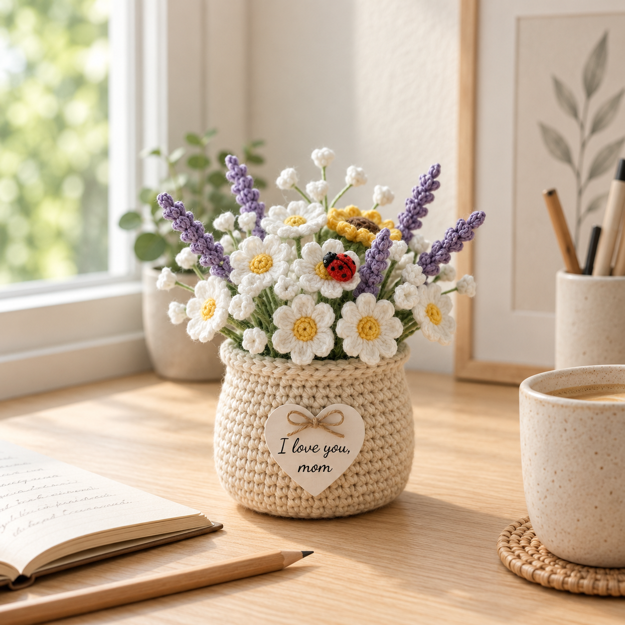 Crochet Daisy & Lavender Basket – Handmade Floral Home Decor