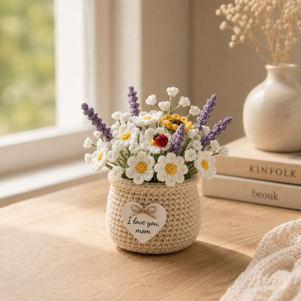 Crochet Daisy & Lavender Basket – Handmade Floral Home Decor