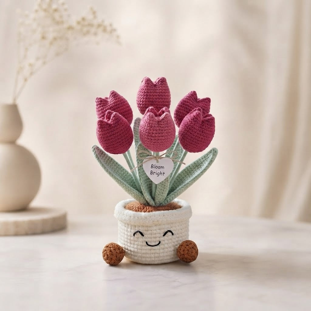 Handmade Crochet Pink Tulip Flower Pot – Cute Gift for Her & Home Decor