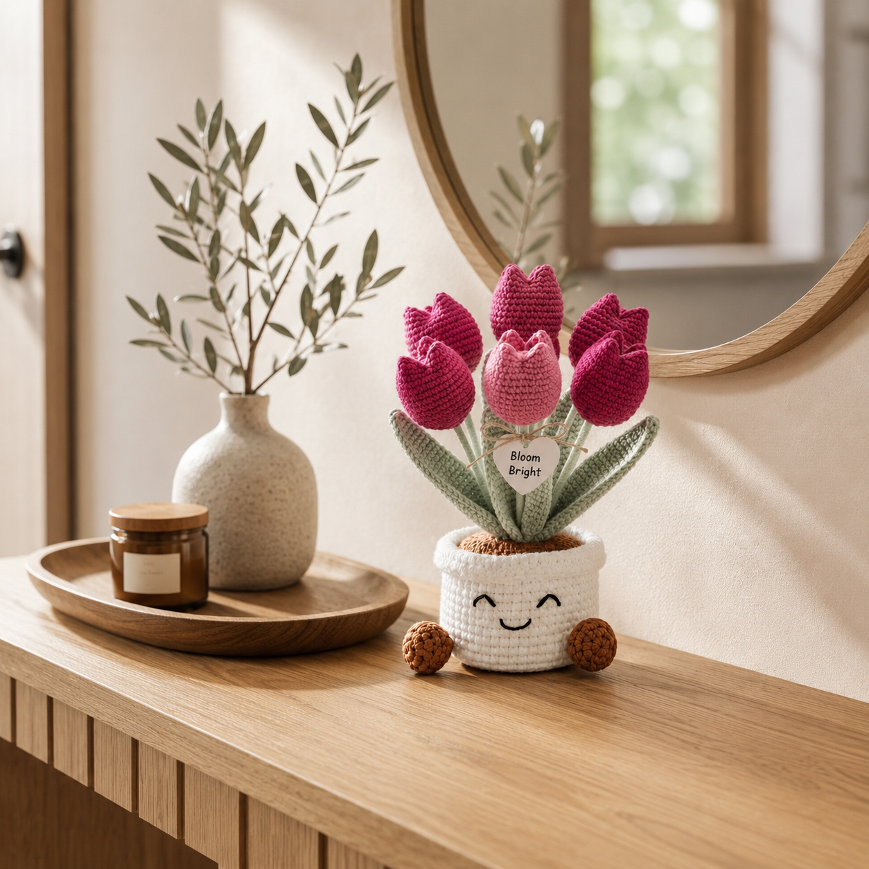 Handmade Crochet Pink Tulip Flower Pot – Cute Gift for Her & Home Decor