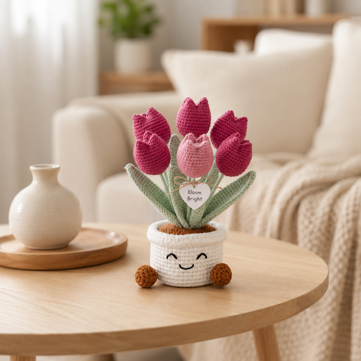 Handmade Crochet Pink Tulip Flower Pot – Cute Gift for Her & Home Decor