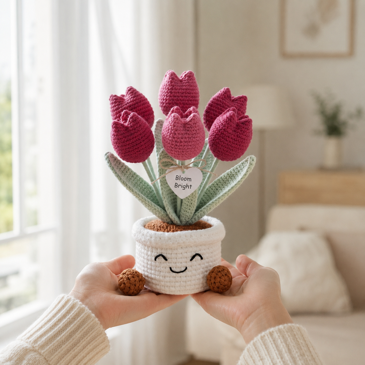 Handmade Crochet Pink Tulip Flower Pot – Cute Gift for Her & Home Decor