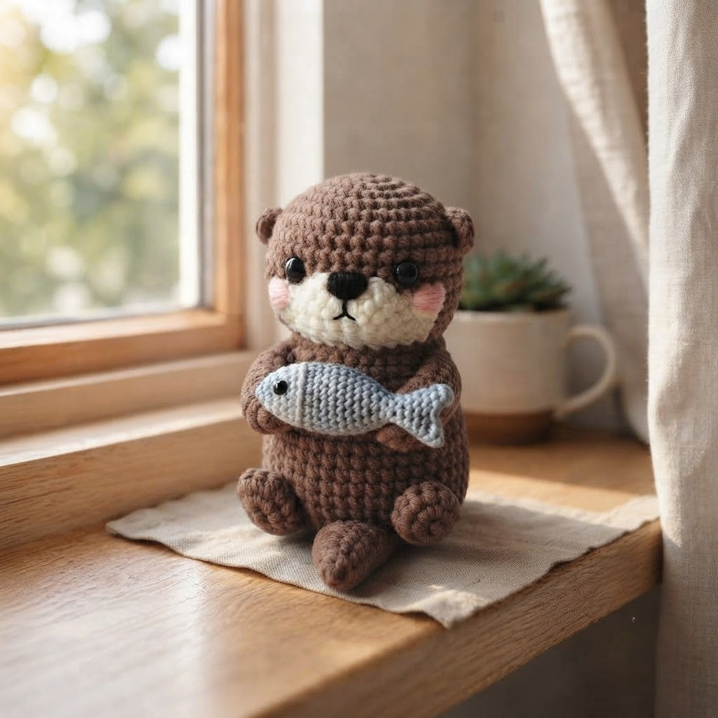 Handmade Crochet Otter Holding Fish – Cute Amigurumi Plush Gift & Woodland Decor