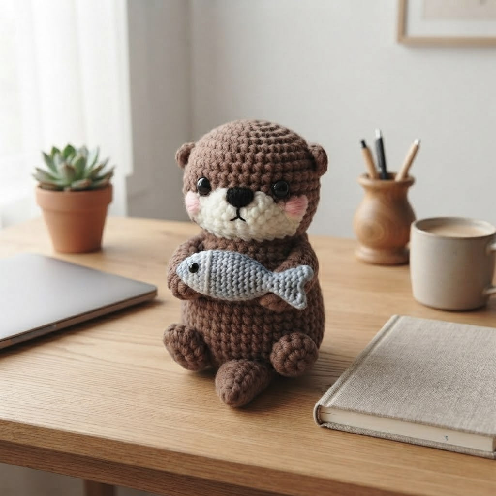 Handmade Crochet Otter Holding Fish – Cute Amigurumi Plush Gift & Woodland Decor