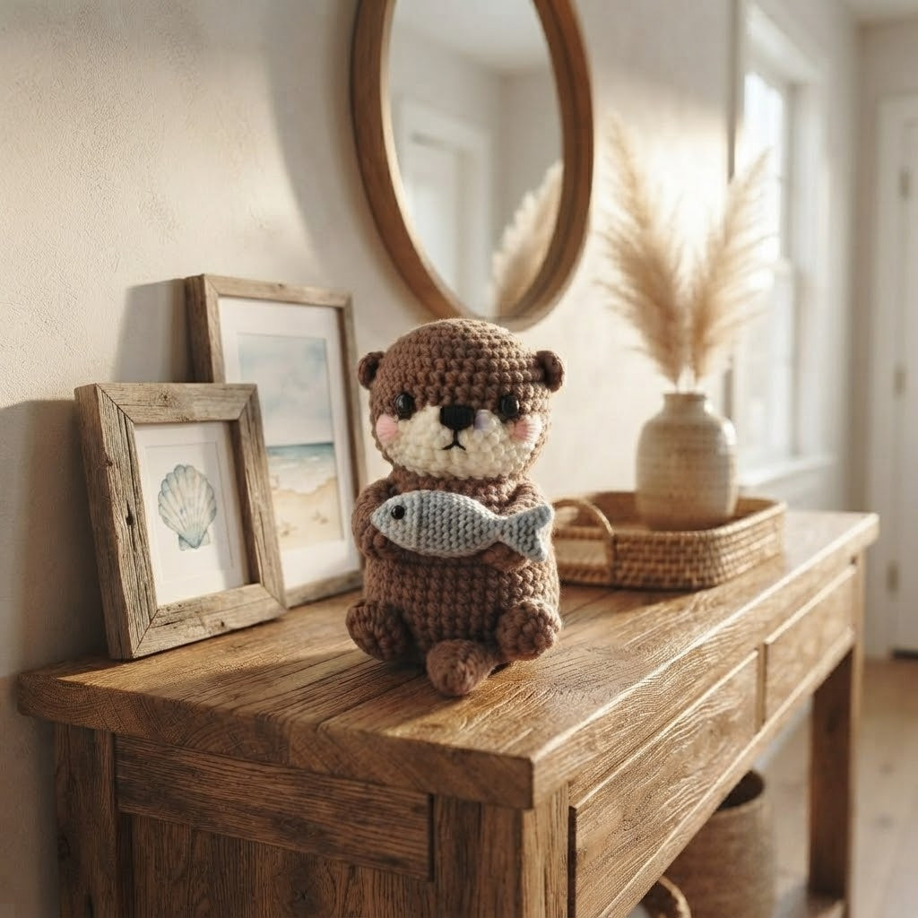 Handmade Crochet Otter Holding Fish – Cute Amigurumi Plush Gift & Woodland Decor
