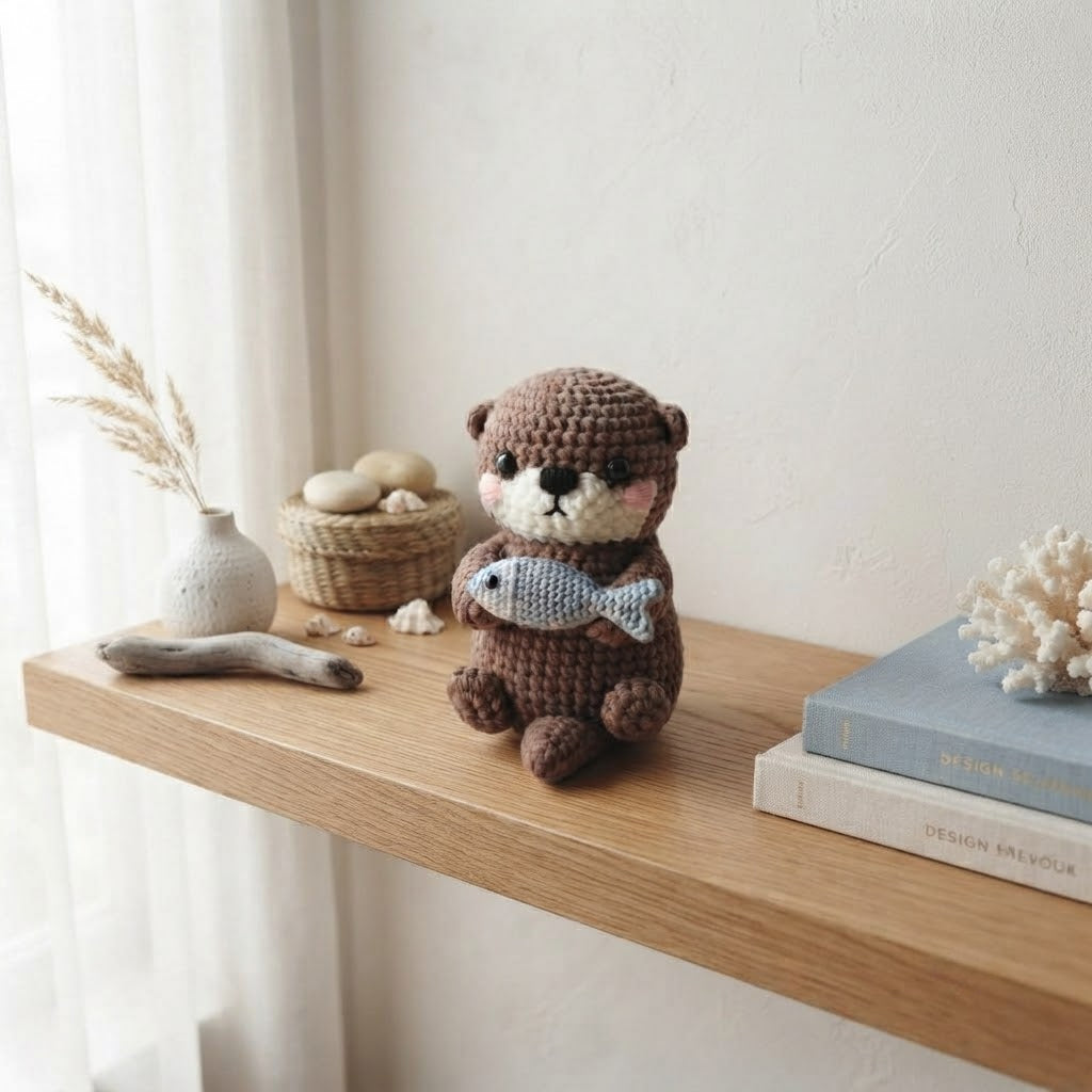 Handmade Crochet Otter Holding Fish – Cute Amigurumi Plush Gift & Woodland Decor