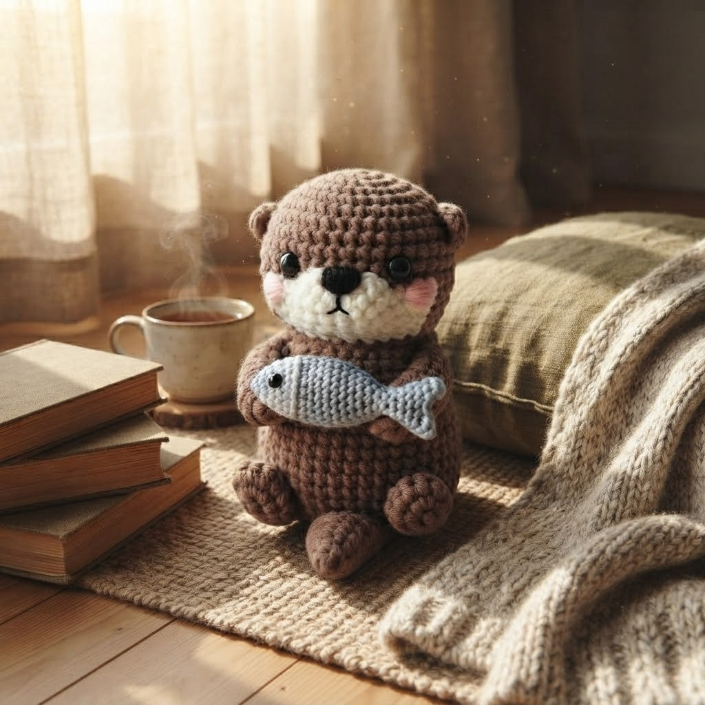 Handmade Crochet Otter Holding Fish – Cute Amigurumi Plush Gift & Woodland Decor