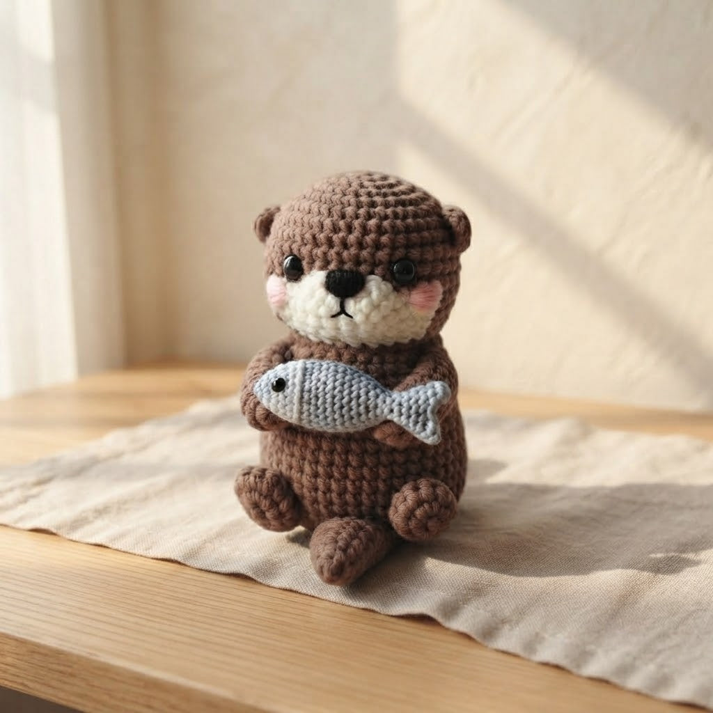 Handmade Crochet Otter Holding Fish – Cute Amigurumi Plush Gift & Woodland Decor