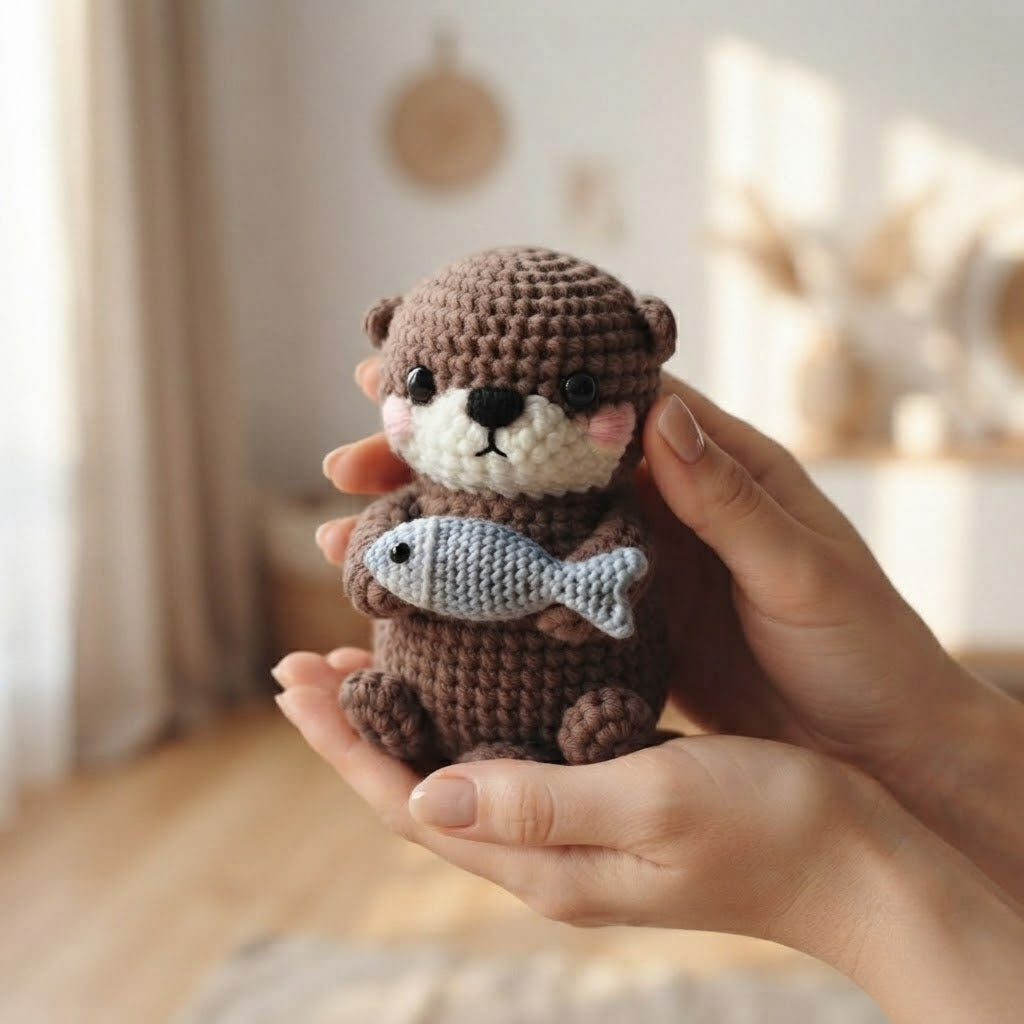 Handmade Crochet Otter Holding Fish – Cute Amigurumi Plush Gift & Woodland Decor