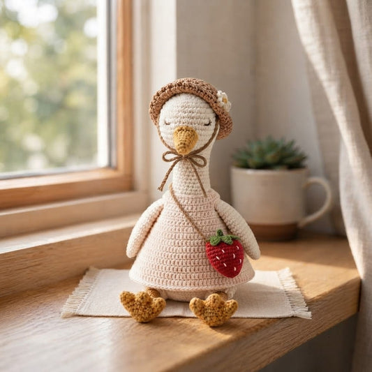 Handmade Crochet Goose Doll with Strawberry Bag – Cute Cottagecore Home Decor