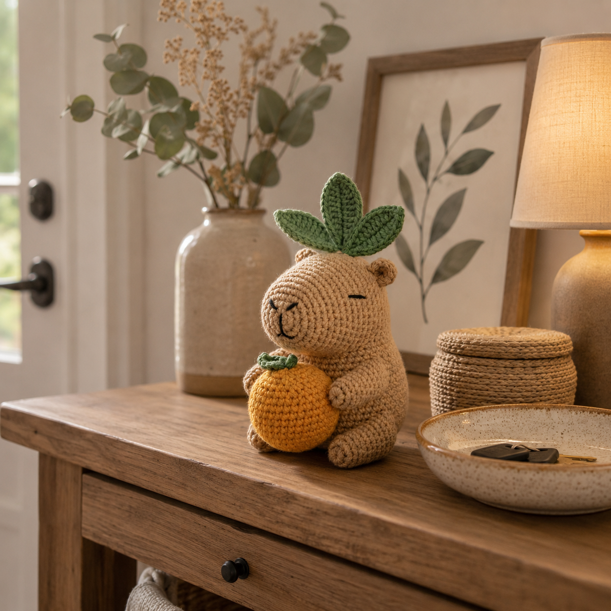 Handmade Crochet Capybara with Orange Plush Toy - Cute Amigurumi Desk Decor & Gift