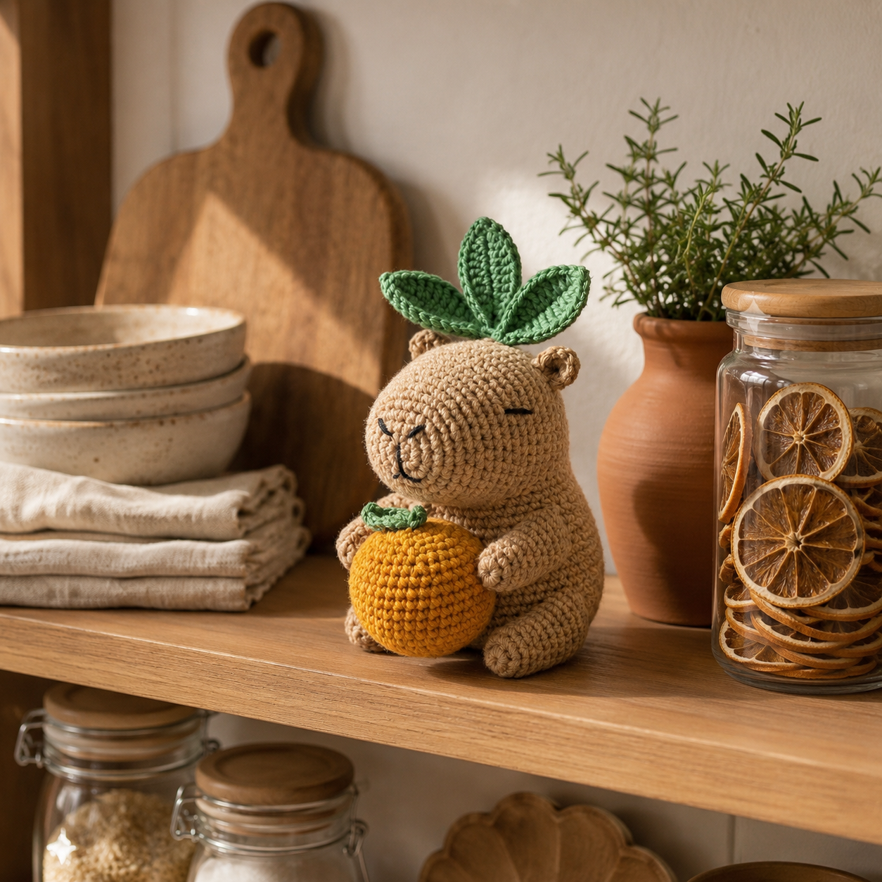 Handmade Crochet Capybara with Orange Plush Toy - Cute Amigurumi Desk Decor & Gift