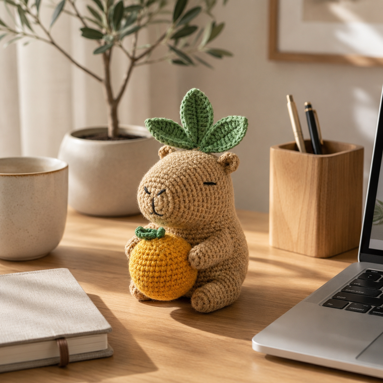 Handmade Crochet Capybara with Orange Plush Toy - Cute Amigurumi Desk Decor & Gift