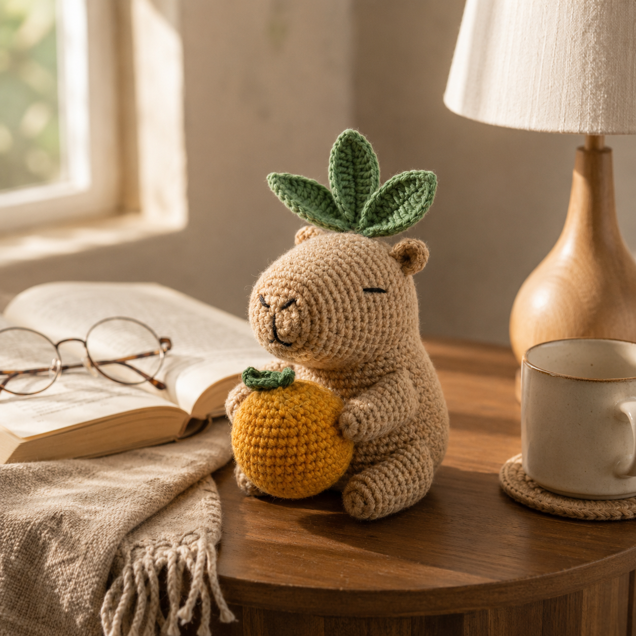 Handmade Crochet Capybara with Orange Plush Toy - Cute Amigurumi Desk Decor & Gift