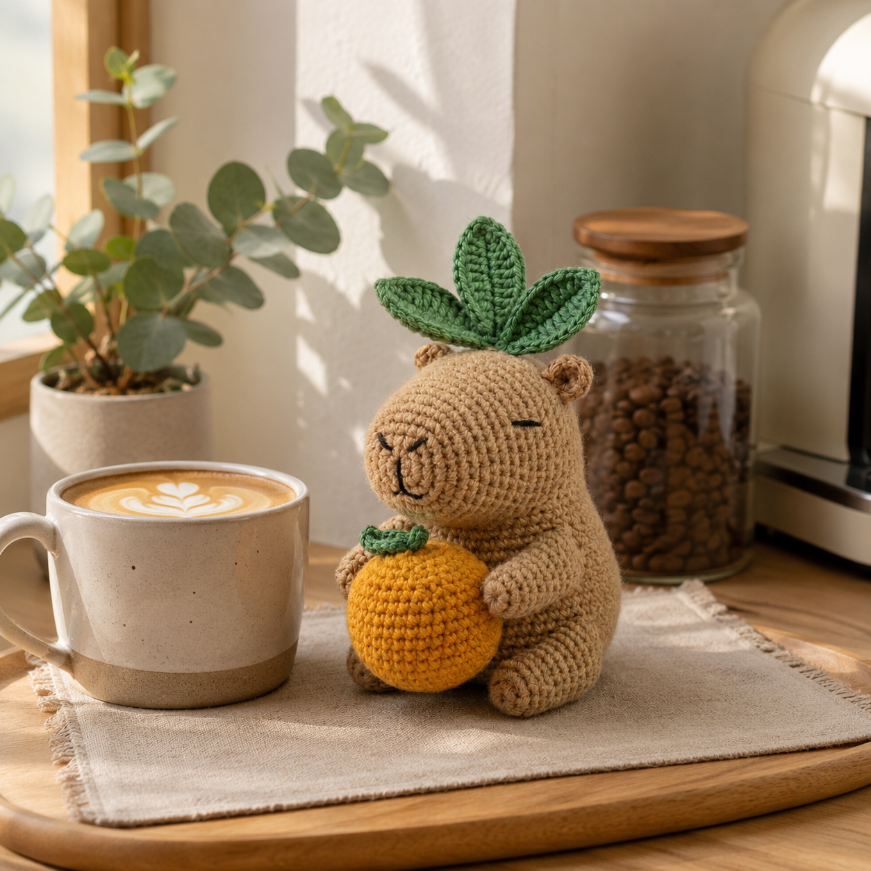 Handmade Crochet Capybara with Orange Plush Toy - Cute Amigurumi Desk Decor & Gift