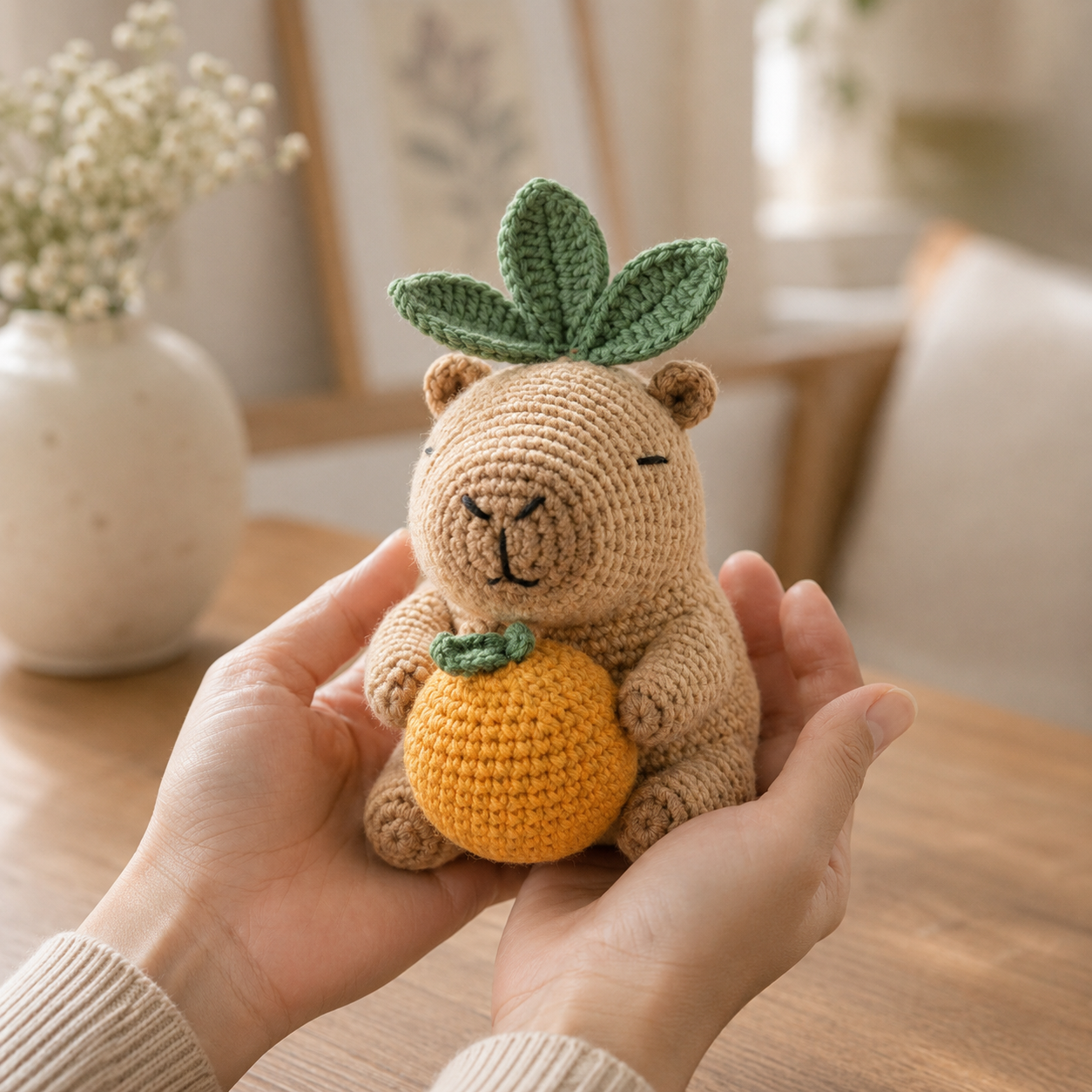 Handmade Crochet Capybara with Orange Plush Toy - Cute Amigurumi Desk Decor & Gift