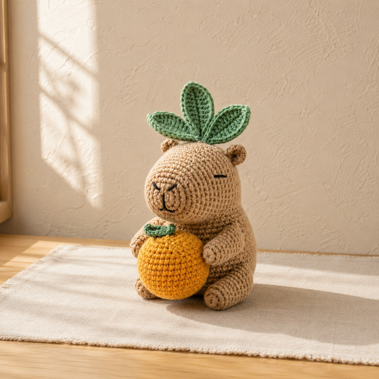 Handmade Crochet Capybara with Orange Plush Toy - Cute Amigurumi Desk Decor & Gift