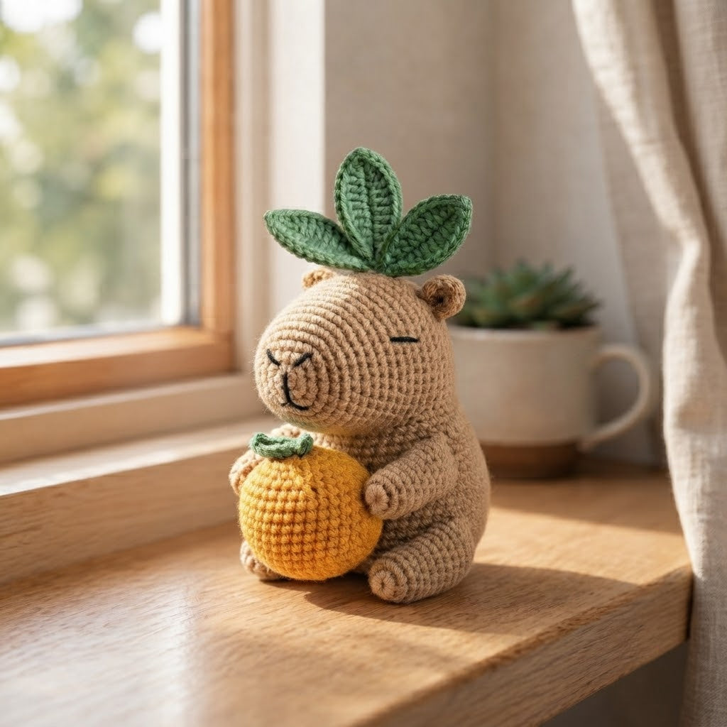 Handmade Crochet Capybara with Orange Plush Toy - Cute Amigurumi Desk Decor & Gift