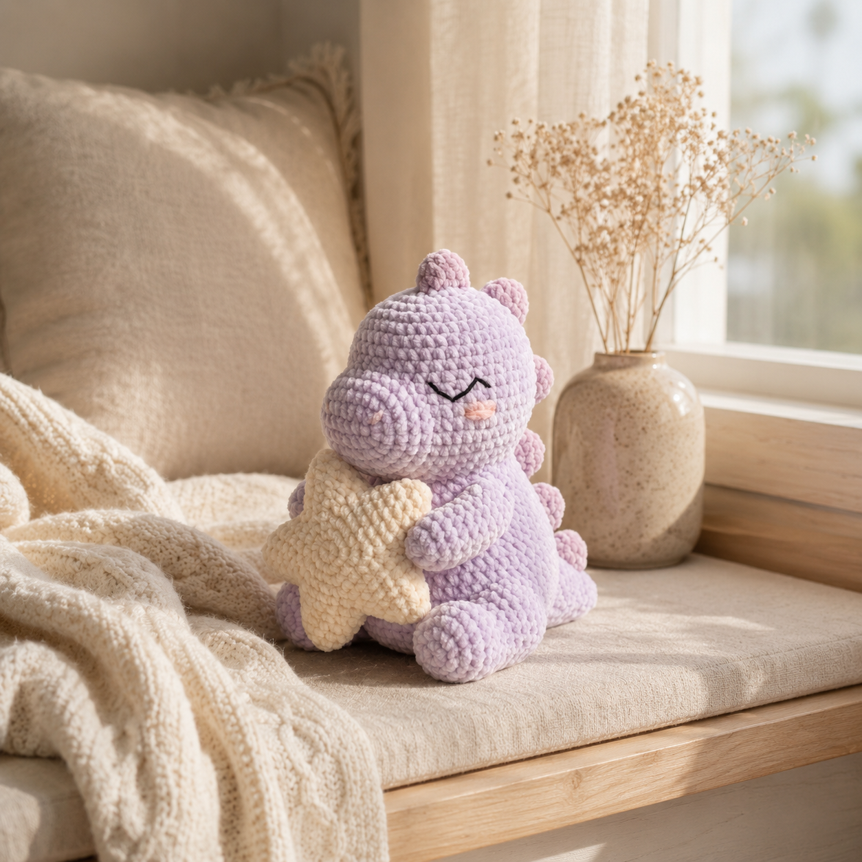 Handmade Crochet Purple Dinosaur Holding Star - Soft Amigurumi Toy & Nursery Decor
