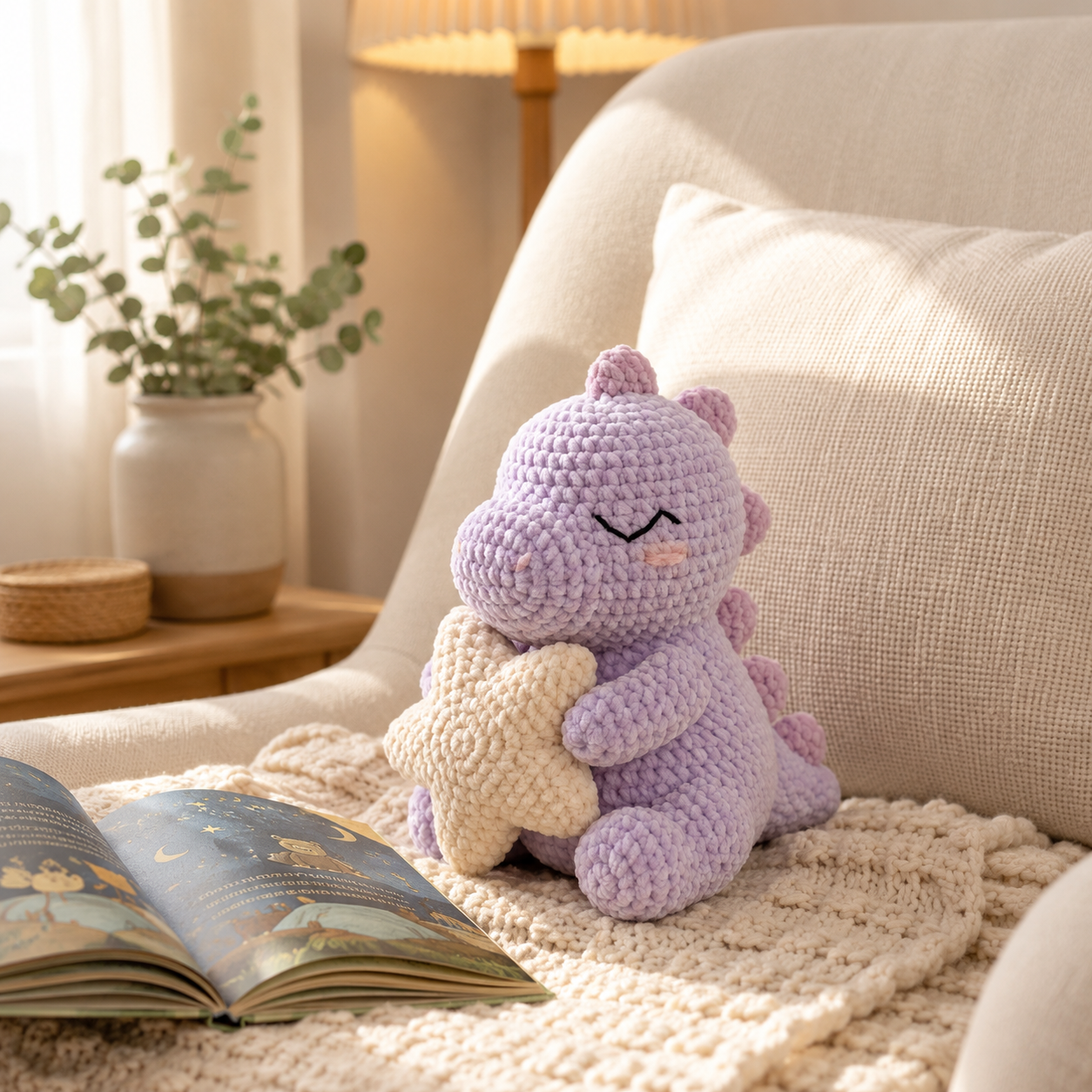 Handmade Crochet Purple Dinosaur Holding Star - Soft Amigurumi Toy & Nursery Decor