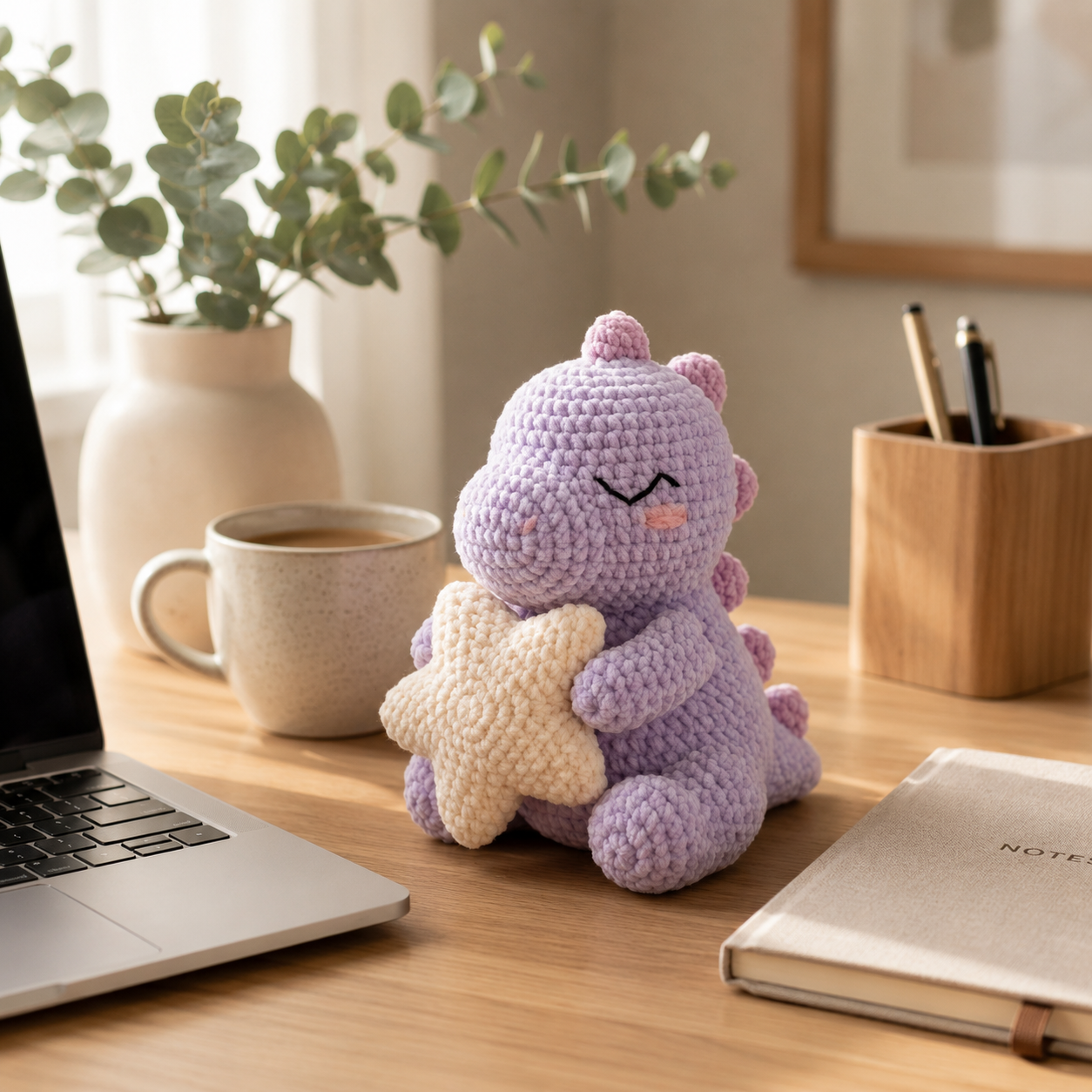Handmade Crochet Purple Dinosaur Holding Star - Soft Amigurumi Toy & Nursery Decor