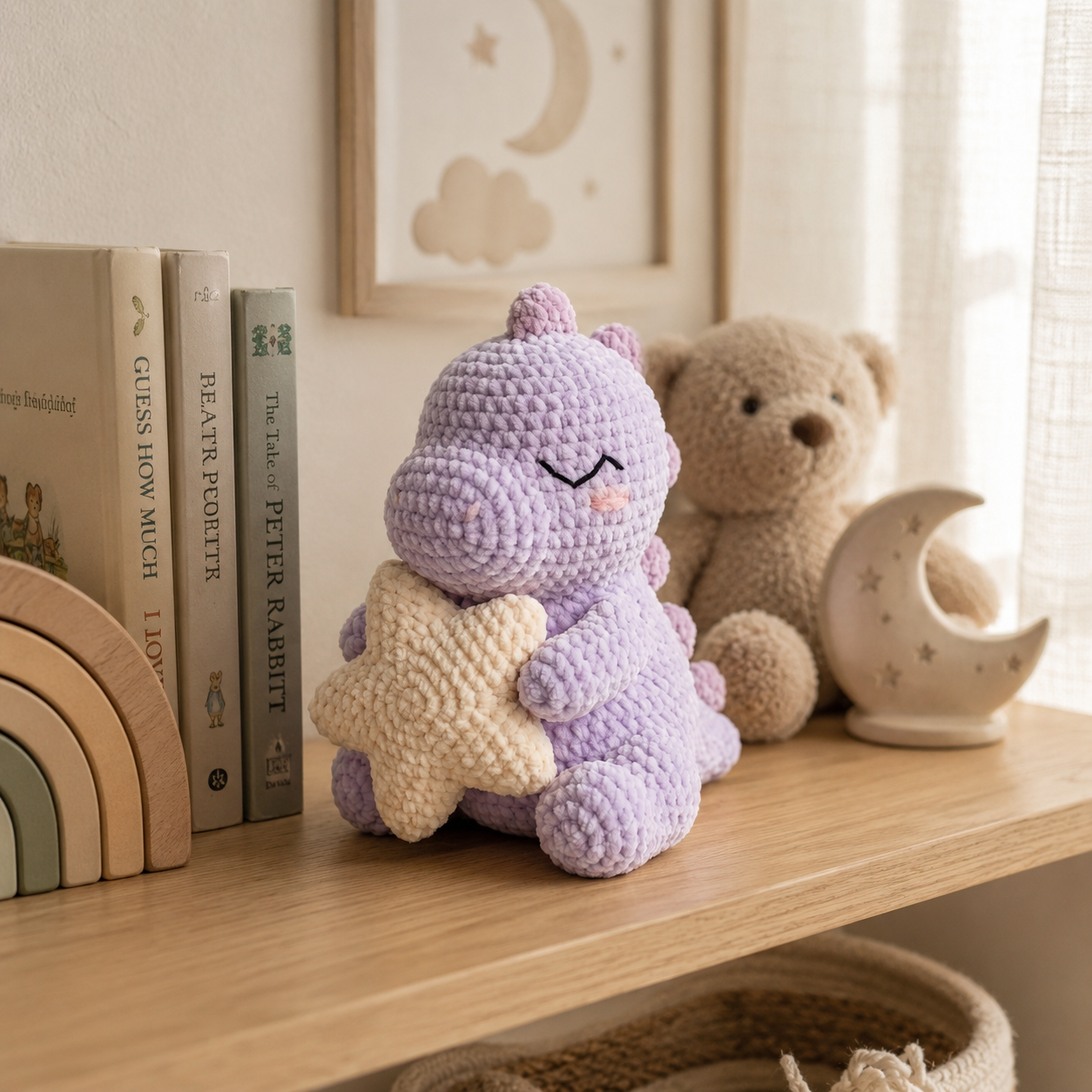 Handmade Crochet Purple Dinosaur Holding Star - Soft Amigurumi Toy & Nursery Decor