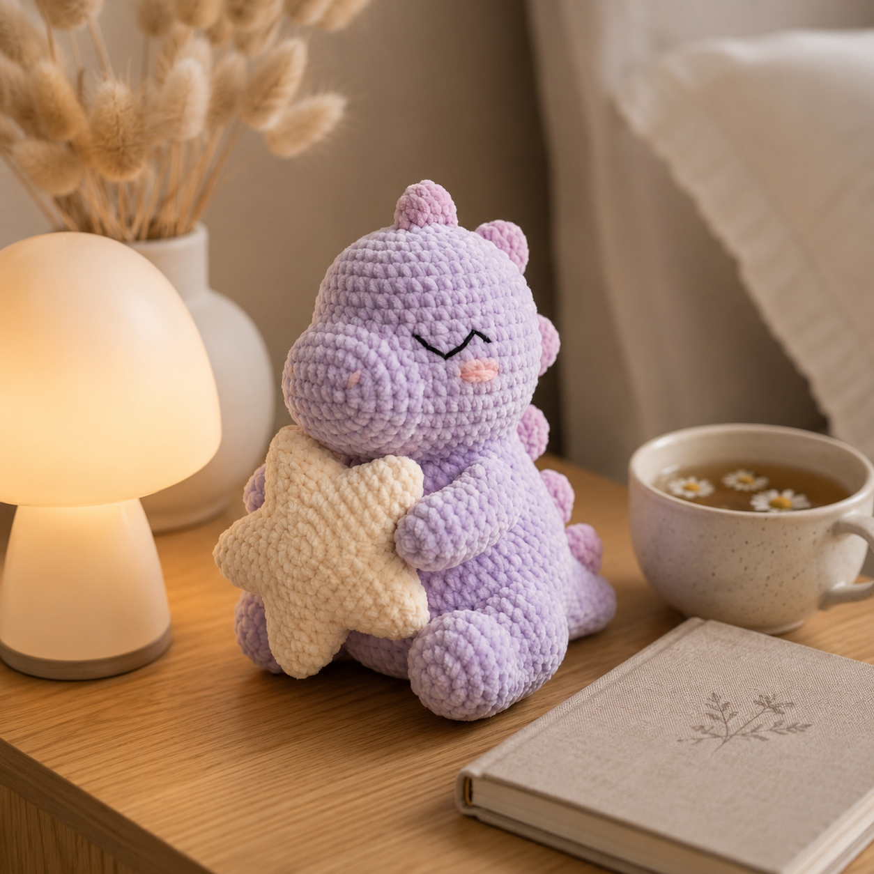Handmade Crochet Purple Dinosaur Holding Star - Soft Amigurumi Toy & Nursery Decor