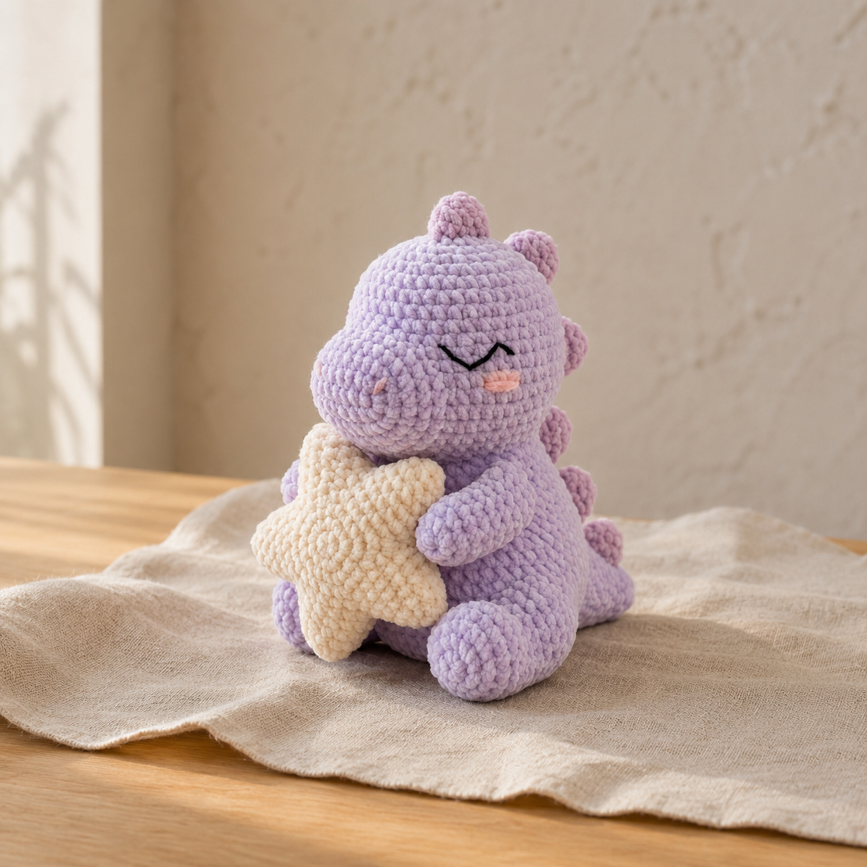 Handmade Crochet Purple Dinosaur Holding Star - Soft Amigurumi Toy & Nursery Decor
