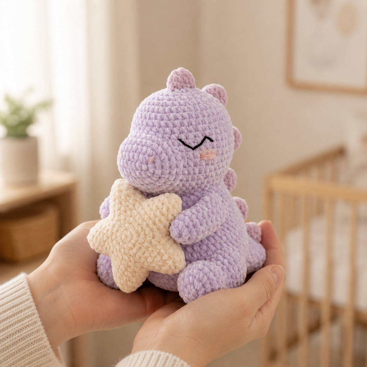 Handmade Crochet Purple Dinosaur Holding Star - Soft Amigurumi Toy & Nursery Decor
