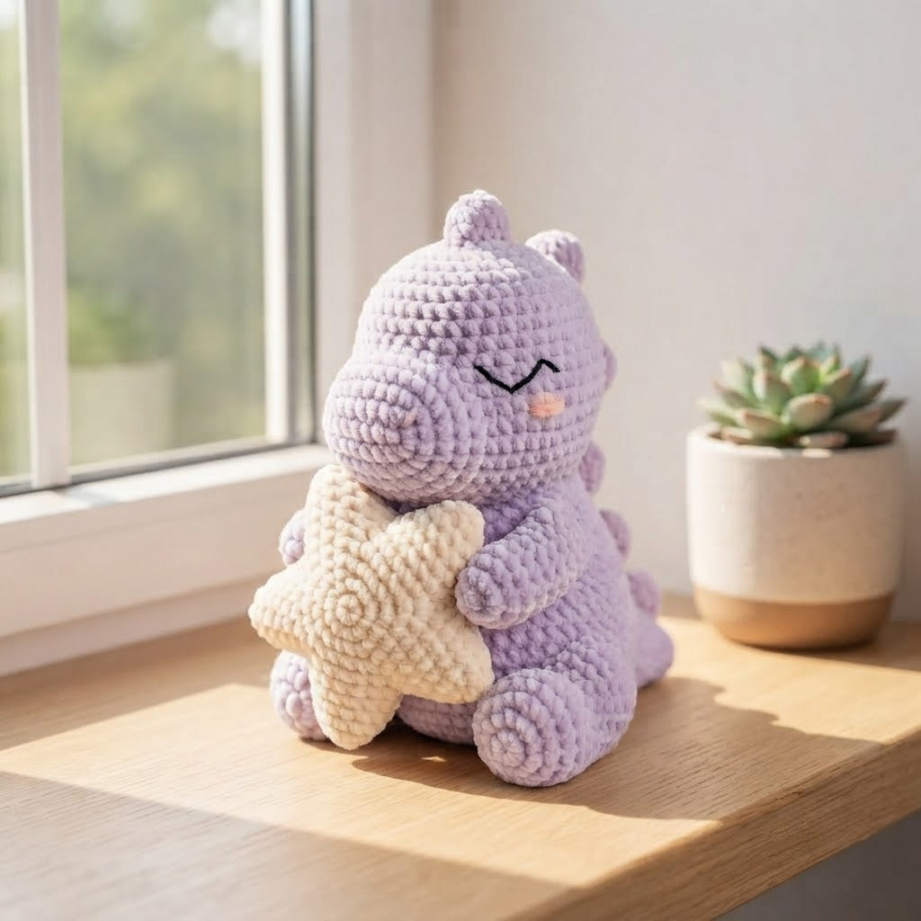 Handmade Crochet Purple Dinosaur Holding Star - Soft Amigurumi Toy & Nursery Decor