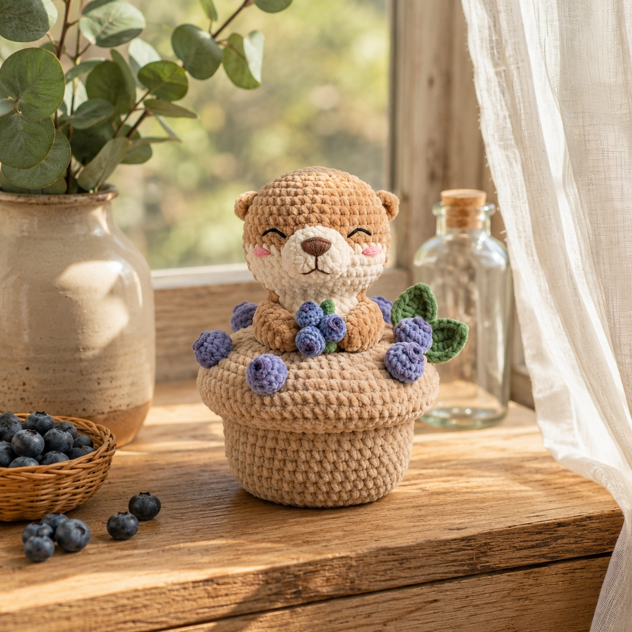 Handmade Crochet Otter with Blueberry Muffin - Cute Amigurumi Toy & Desk Decor