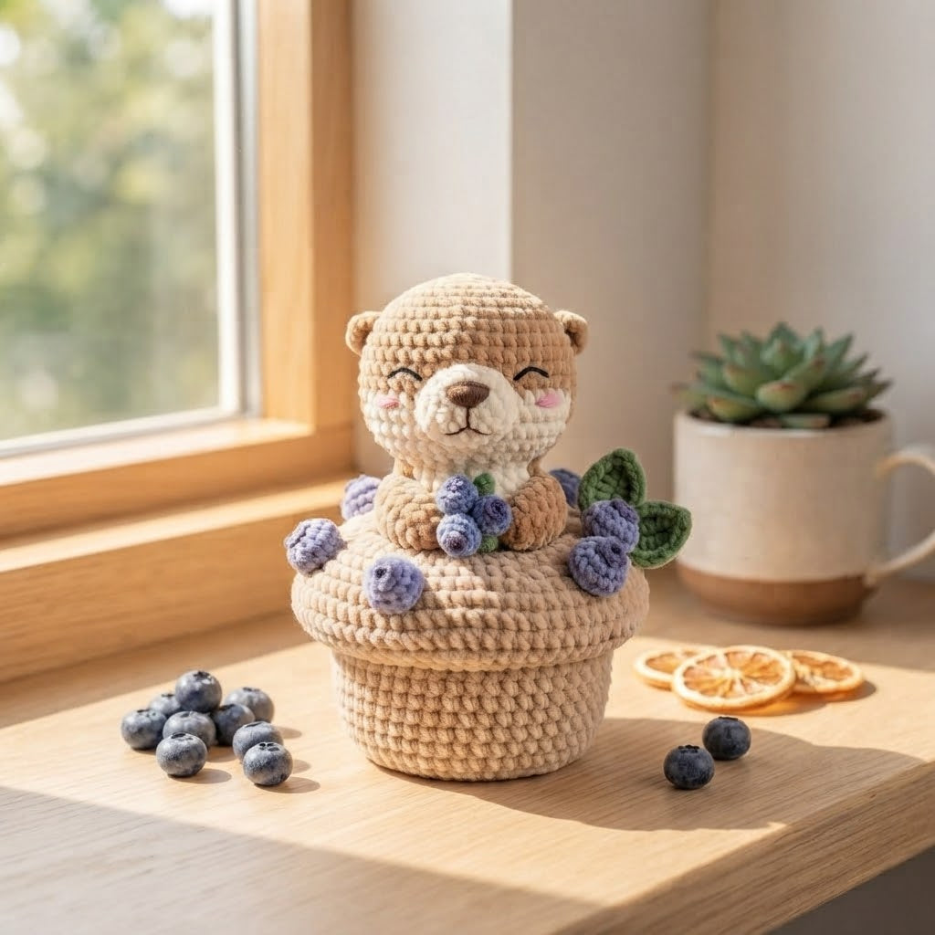 Handmade Crochet Otter with Blueberry Muffin - Cute Amigurumi Toy & Desk Decor