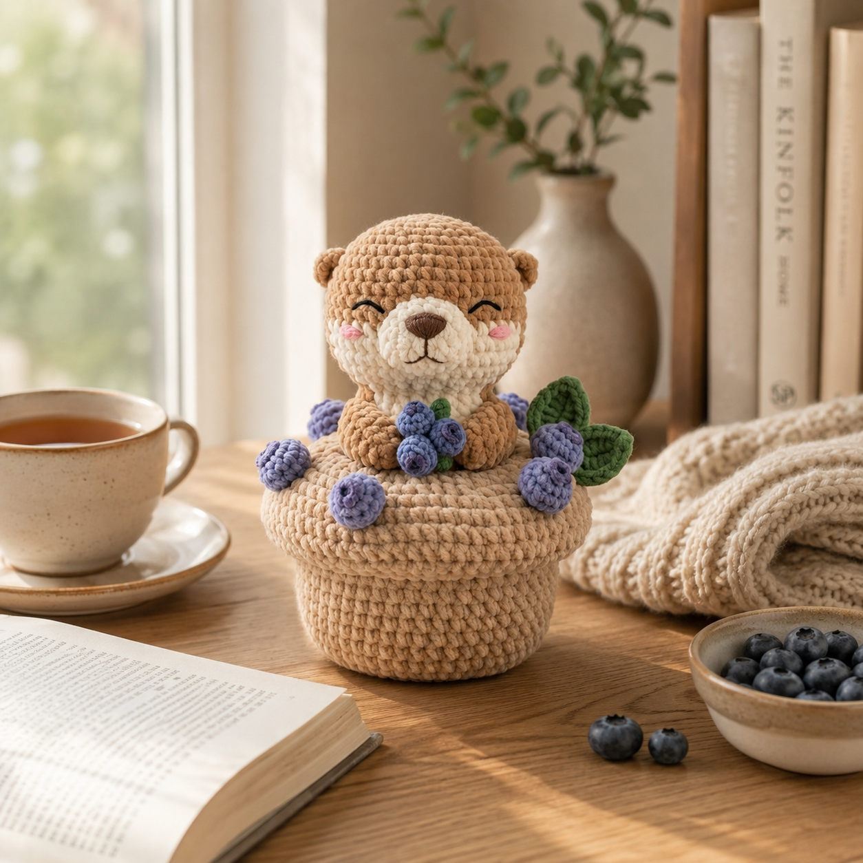 Handmade Crochet Otter with Blueberry Muffin - Cute Amigurumi Toy & Desk Decor