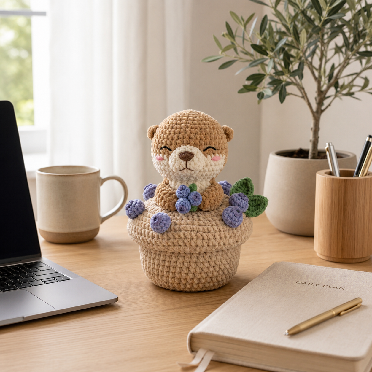 Handmade Crochet Otter with Blueberry Muffin - Cute Amigurumi Toy & Desk Decor