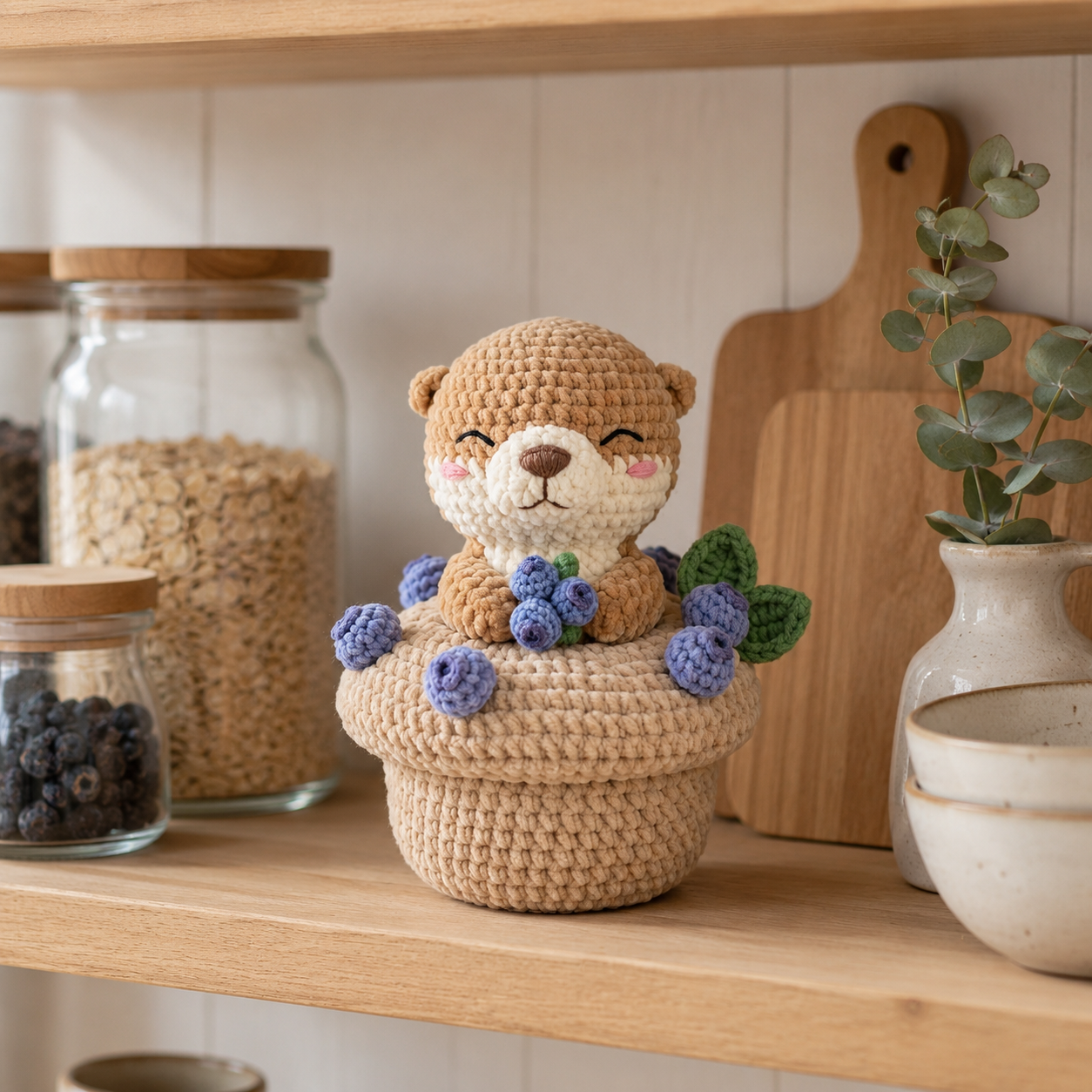 Handmade Crochet Otter with Blueberry Muffin - Cute Amigurumi Toy & Desk Decor