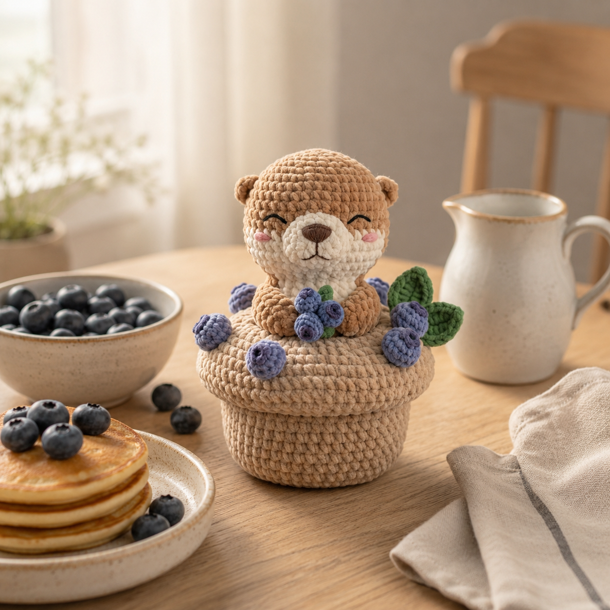 Handmade Crochet Otter with Blueberry Muffin - Cute Amigurumi Toy & Desk Decor