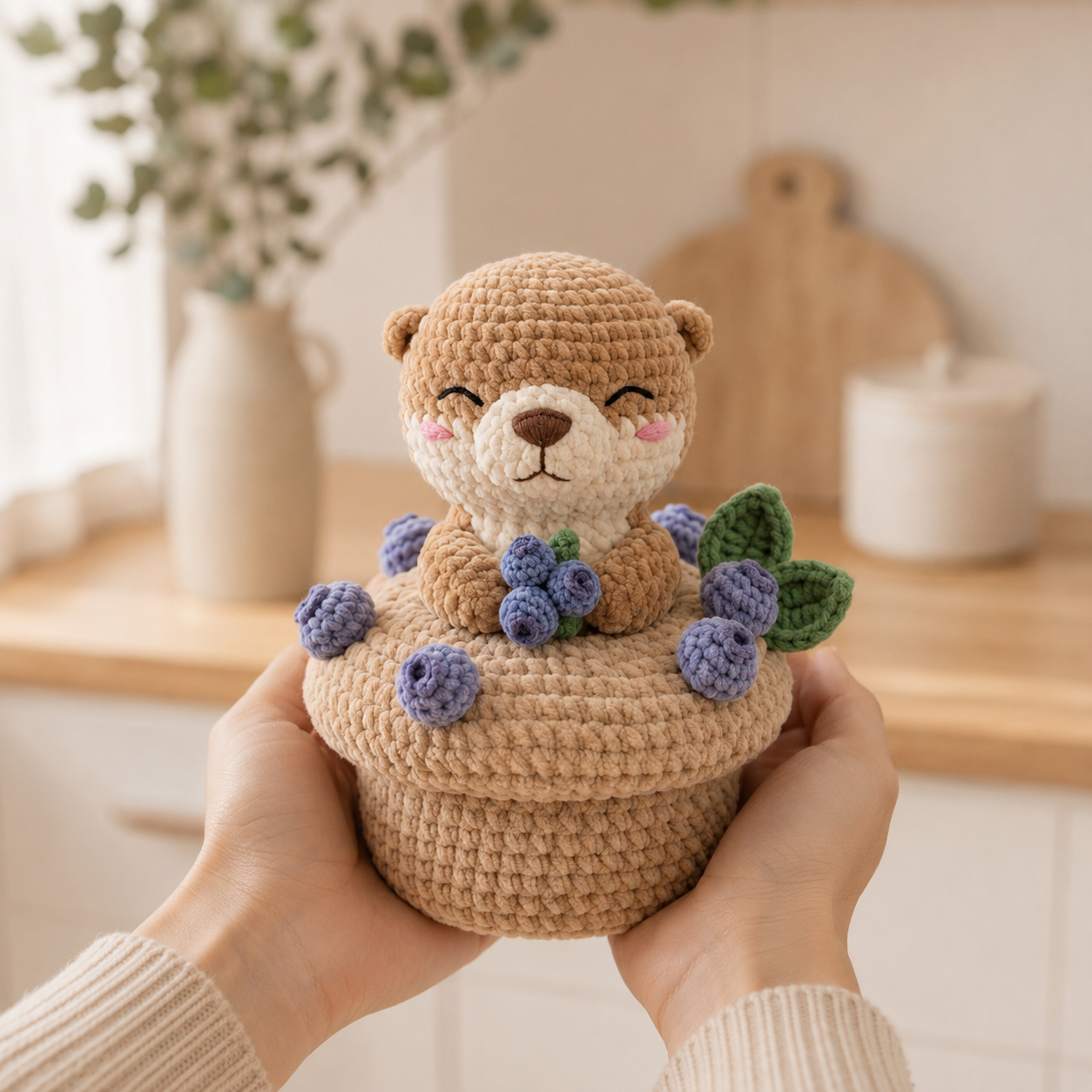 Handmade Crochet Otter with Blueberry Muffin - Cute Amigurumi Toy & Desk Decor