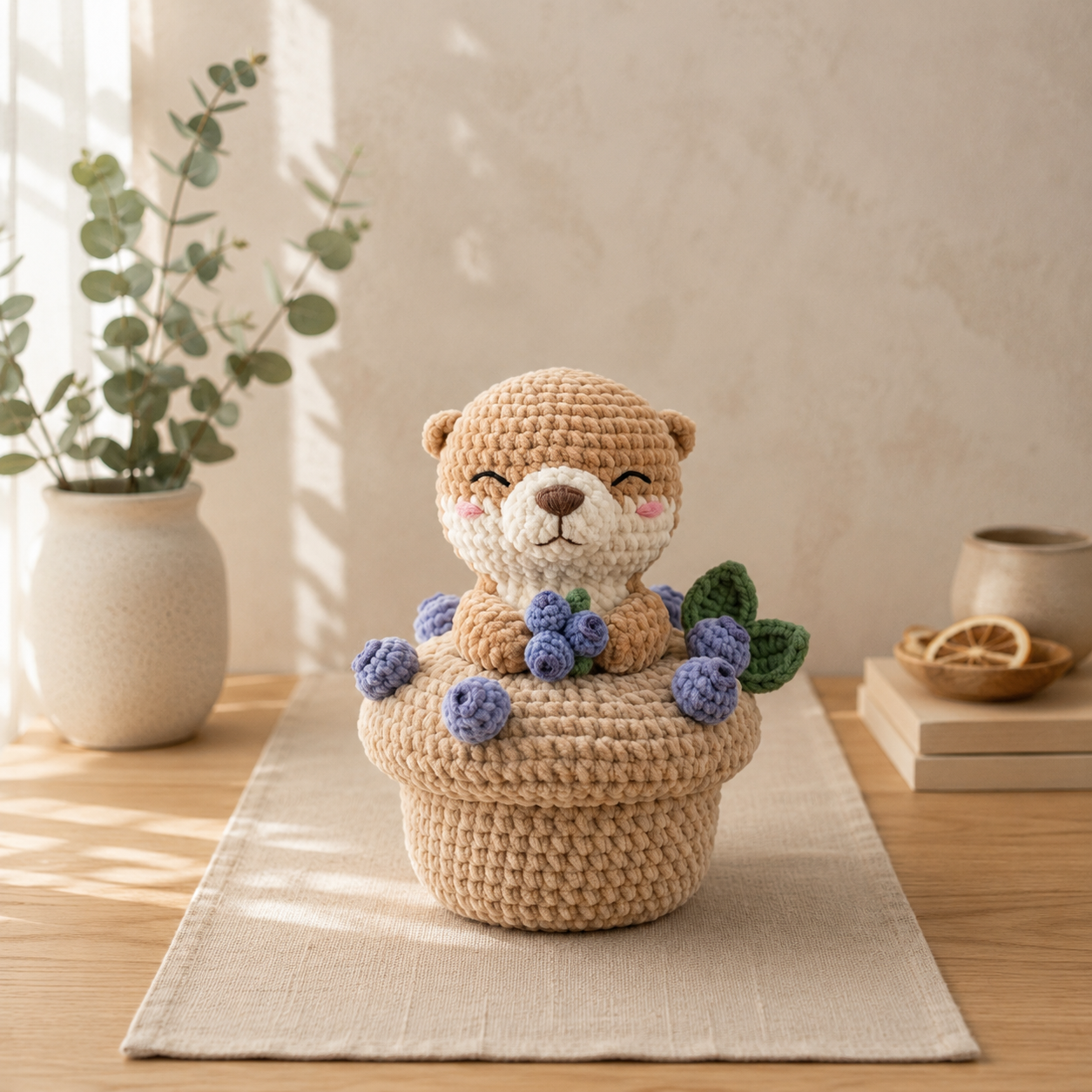 Handmade Crochet Otter with Blueberry Muffin - Cute Amigurumi Toy & Desk Decor